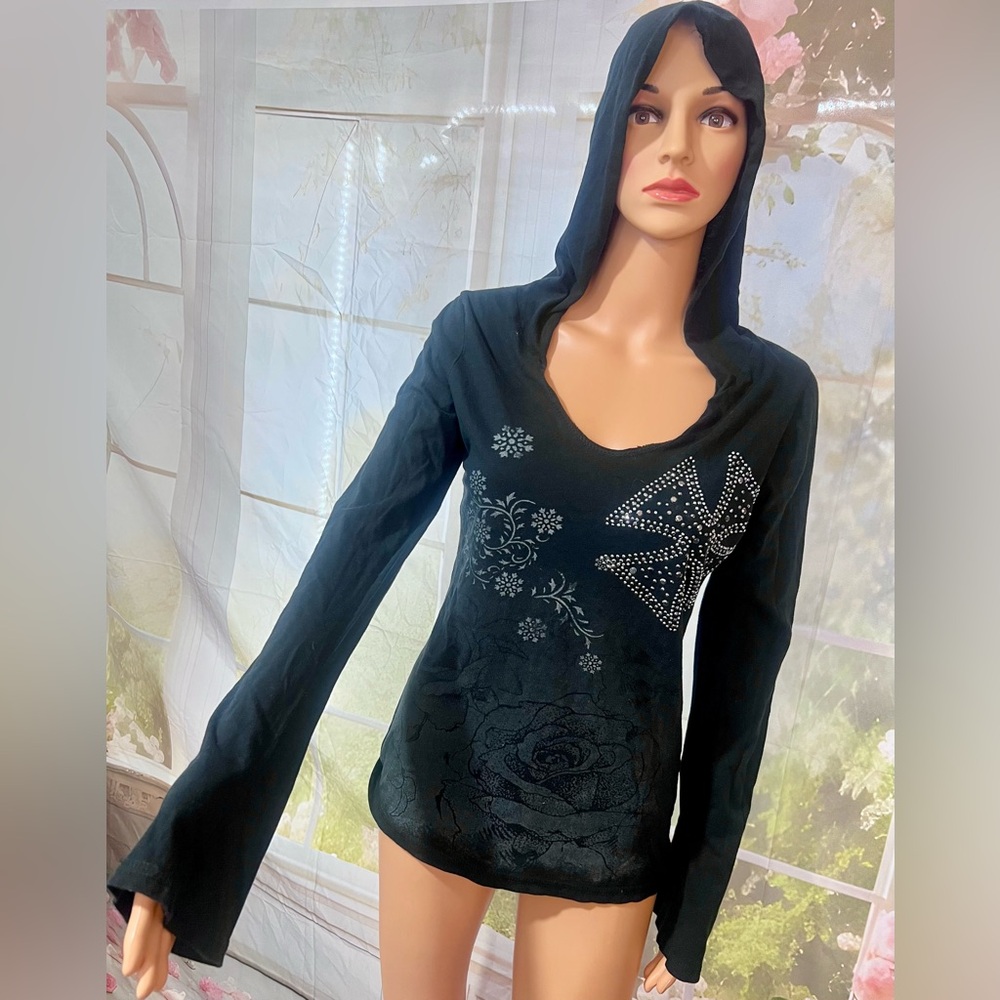 Vocal Black Hoodie with Floral and Rhinestone Design